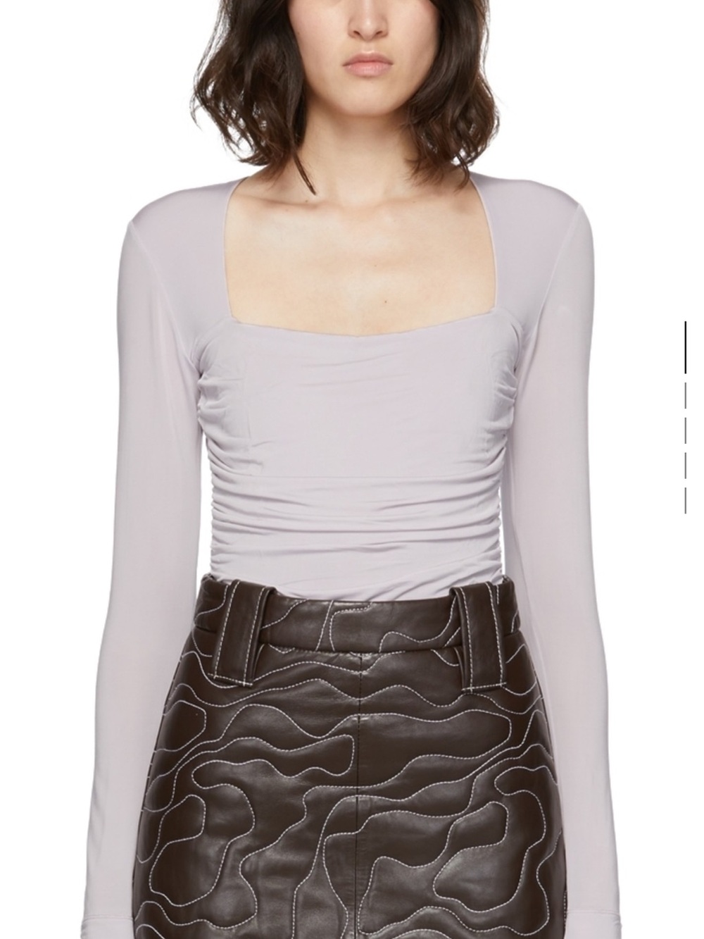 GANNI Pale Lilac Draped Squre-Neck Long Sleeve Bodysuit